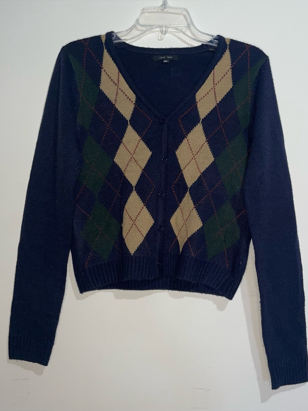Love Tree Navy Beige Red Green Argyle Button Closure Cardigan Eclectic Grandpa M